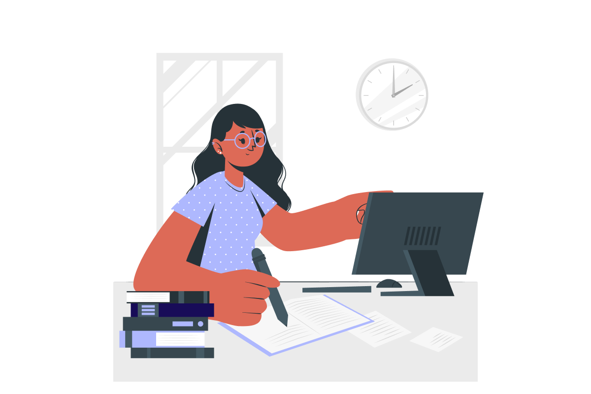 illustration of person with pen and paper in front of a computer monitor
